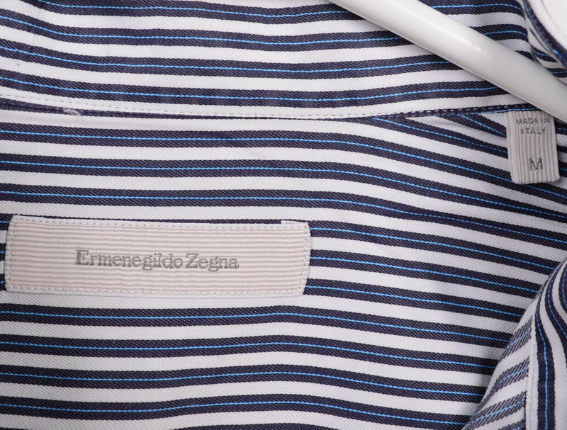 Ermenegildo Zegna Men Medium Blue White Striped Made in Italy Button-Front Shirt