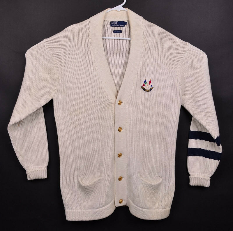 Vtg 80s Polo Ralph Lauren Men's Sz Large Cream Cardigan Letterman Sweater