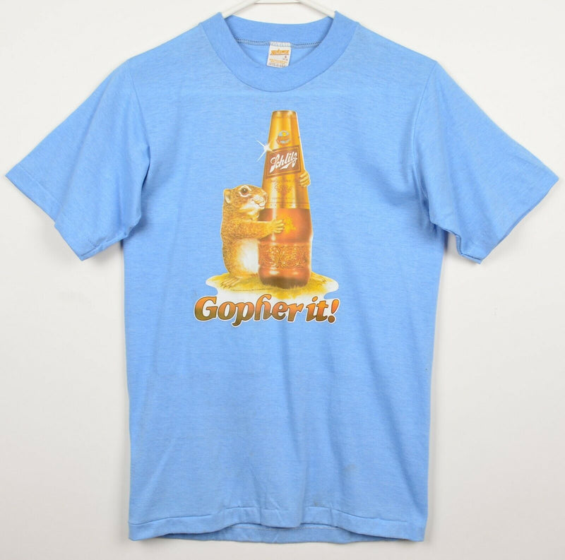 Vintage 1980 Schlitz Beer Men's Small Gopher Blue Gold Graphic Paper Thin Shirt