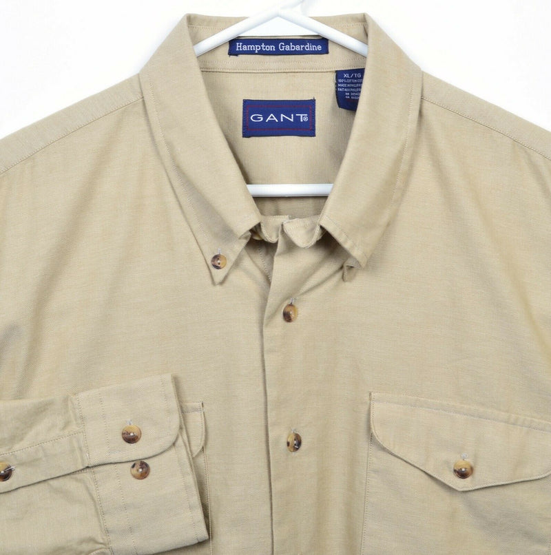 GANT Men's XL Hampton Gabardine Solid Beige Long Sleeve Twill Button-Down Shirt