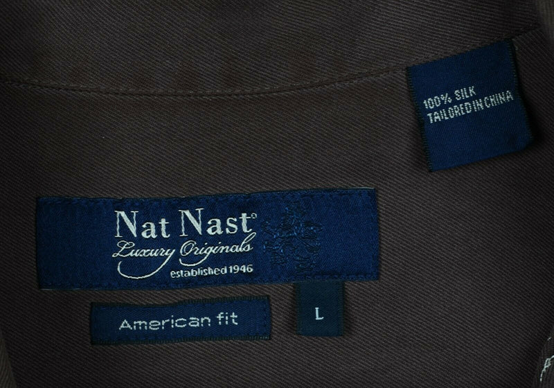 Nat Nast Men’s Sz Large American Fit 100% Silk Brown Striped Bowling Shirt