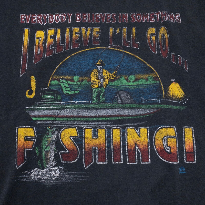 Vintage Fishing T-Shirt Men's XL Funny Believe I'll Go Cotton Grove Black Boat