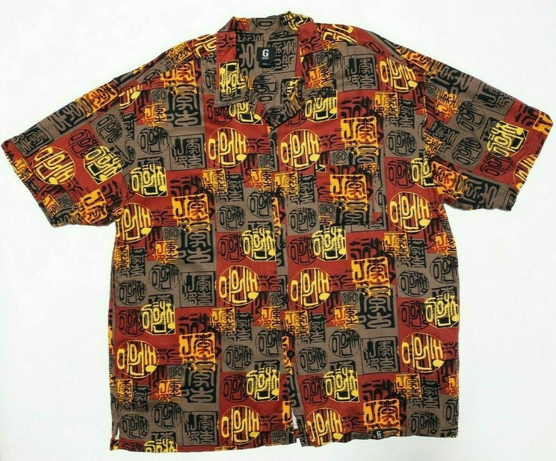 Guess Hawaiian Shirt 2XL Men's Rayon Vintage 90s Oriental Geometric Red Aloha