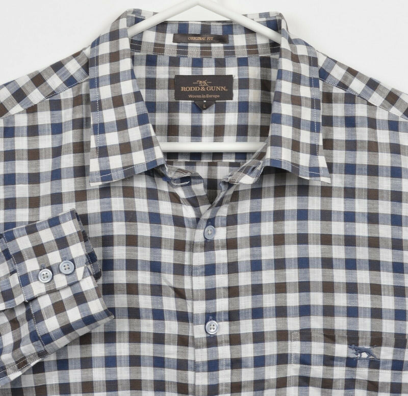Rodd & Gunn Men's Large Original Linen Blend Blue Brown Check Button-Front Shirt