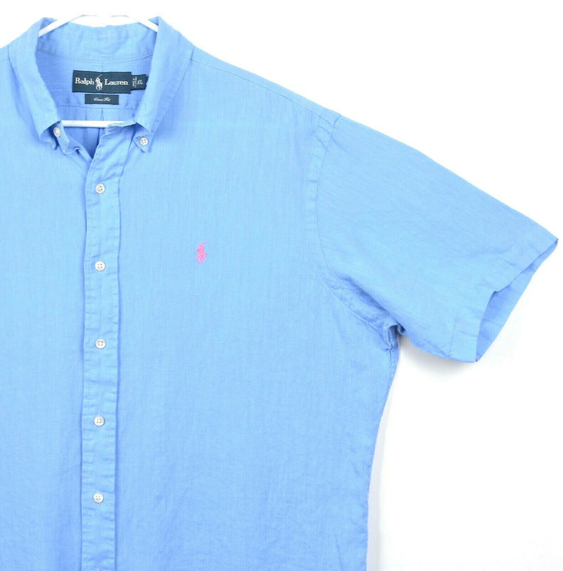 Polo Ralph Lauren Men's Sz XL Classic Fit 100% Linen Light Blue Pink Pony Shirt