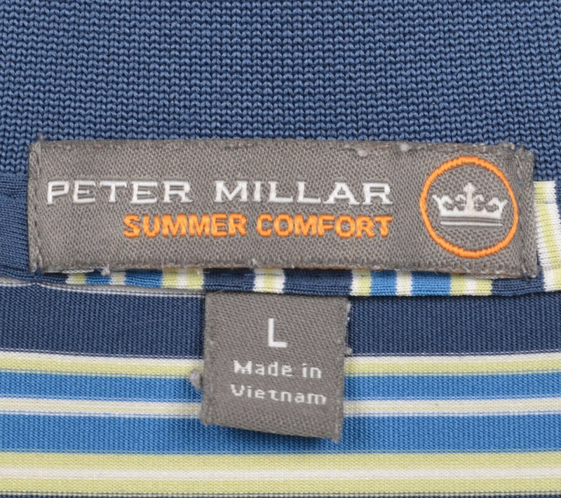 Peter Millar Summer Comfort Men's Large Blue Striped Wicking Golf Polo Shirt