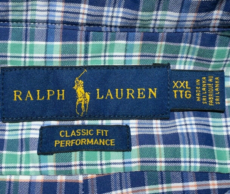 Polo Ralph Lauren Performance Shirt Nylon Wicking Green Blue Plaid Men's 2XL