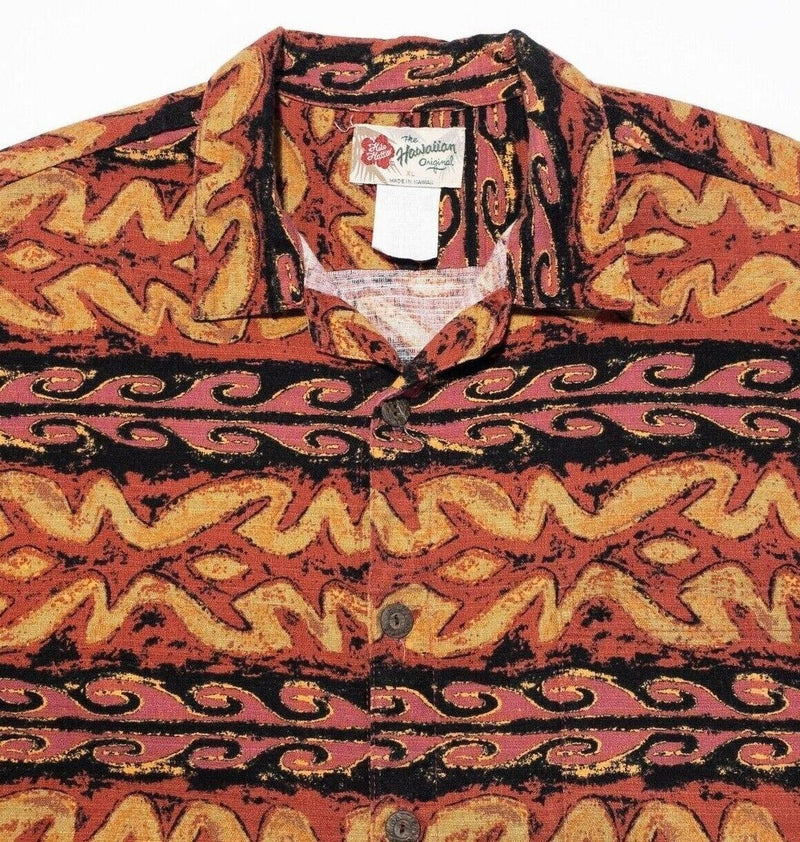 Hilo Hattie Hawaiian Shirt XL Men's Orange Red Geometric Vintage 90s Aloha Camp
