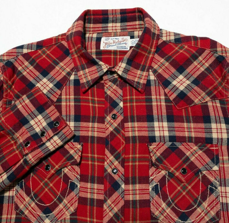True Religion Pearl Snap Flannel Shirt Red Plaid Western Rockabilly Men's XL