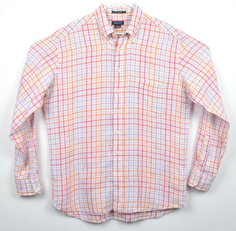 GANT Men's XL 100% Linen Pink Orange Plaid Ivy Linen Button-Down Shirt