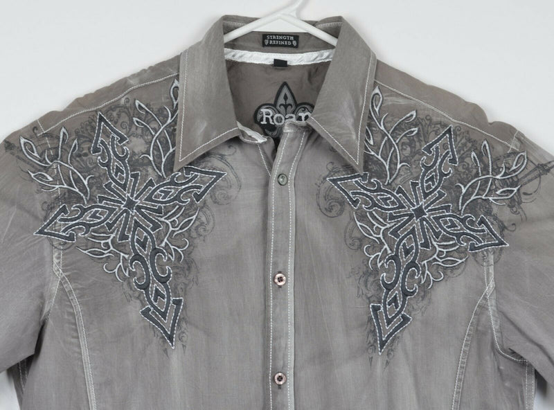 Roar Men's Large Embroidered Cross Wings Tribal Gray Distressed Noble Shirt