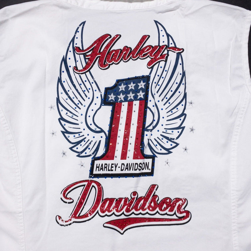 Harley-Davidson Shirt Women's 3W Full Zip Garage Biker Logo White Bejeweled Top