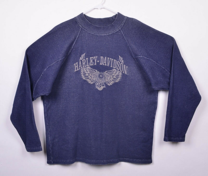Harley Davidson Men's Sz Medium Blue Engine Wing Embroidered Sweatshirt