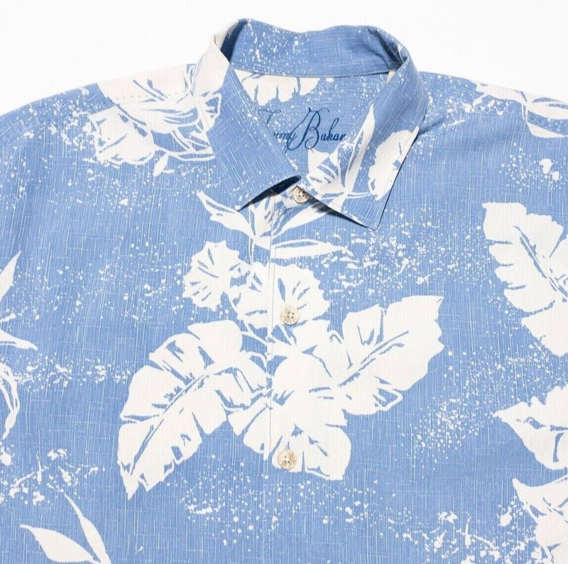 Tommy Bahama Hawaiian Shirt Silk Large Men's Blue White Floral Aloha Camp