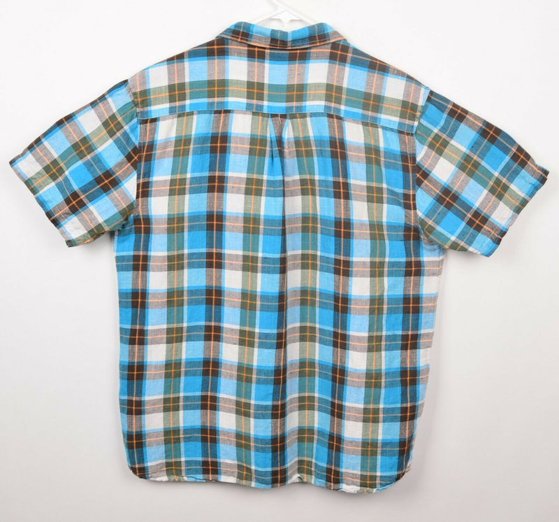 Stussy Men's Sz Large Cotton Linen Blend Blue Plaid Short Sleeve Shirt