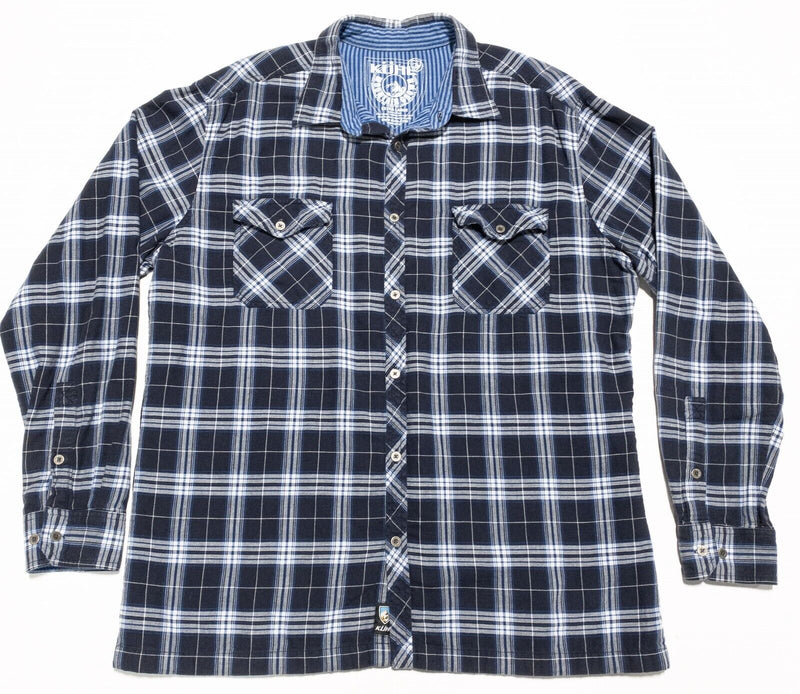 Kuhl Flannel Shirt Men's XL Navy Blue Plaid Flip Cuff Long Sleeve Button-Front