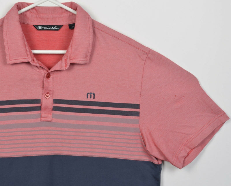 Travis Mathew Men's Large Red Navy Blue Striped Logo Golf Polo Shirt