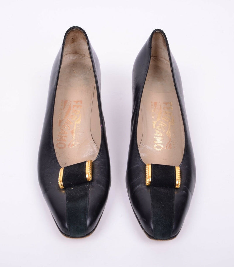 Authentic Salvatore Ferragamo 5.5 AA Narrow Black Leather Pumps Heels Bow 33851