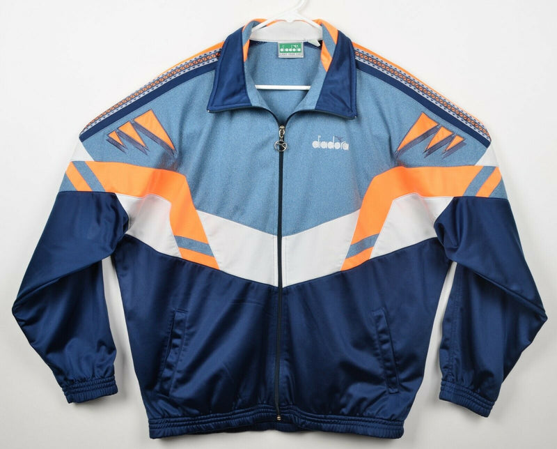 Vintage 90s Diadora Men's 44 (XL) Geometric Blue Orange Tape Arm Track Jacket