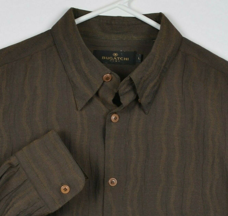 Bugatchi Uomo Men's Large Viscose Wool Blend Brown Wavy Stripes Party Shirt