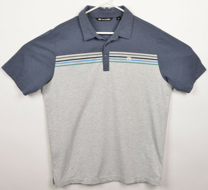 Travis Mathew Men's Large Blue Gray Striped Pima Cotton Poly Golf Polo Shirt