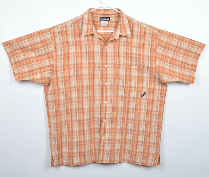 Patagonia Men's Large Polyester Organic Cotton Orange Plaid Hiking Shirt