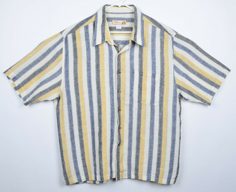 Bohio Men's Sz 2XL 100% Linen Blue Yellow Striped Short Sleeve Camp Shirt
