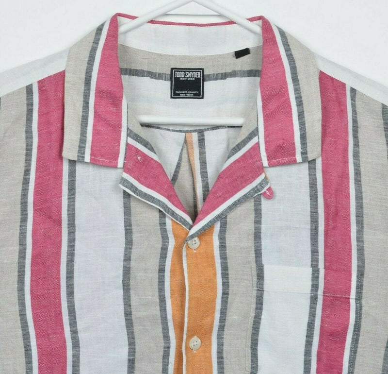 Todd Snyder Men's XL 100% Linen Red Gray Striped Loop Collar Button-Front Shirt