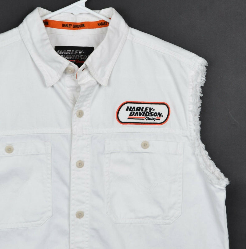 Harley Davidson Racing Men's Sz Medium White Embroidered Eagle CutOff Biker Vest