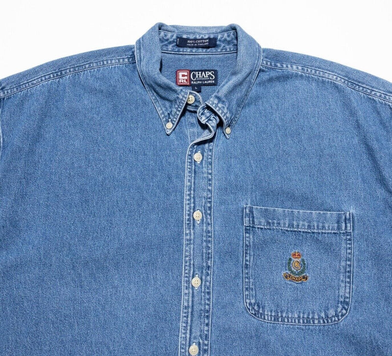 Chaps Ralph Lauren Denim Shirt Men's Large Vintage 90s Crest Logo Indigo Blue
