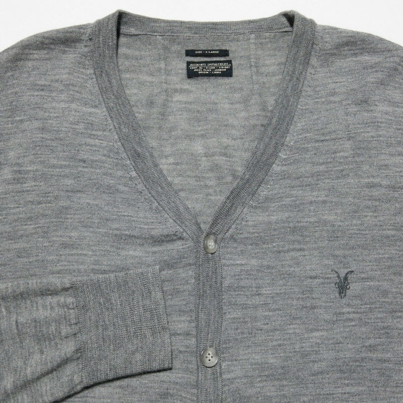 AllSaints Men's XL Merino Cardigan Solid Gray V-Neck Ramskull Logo Sweater