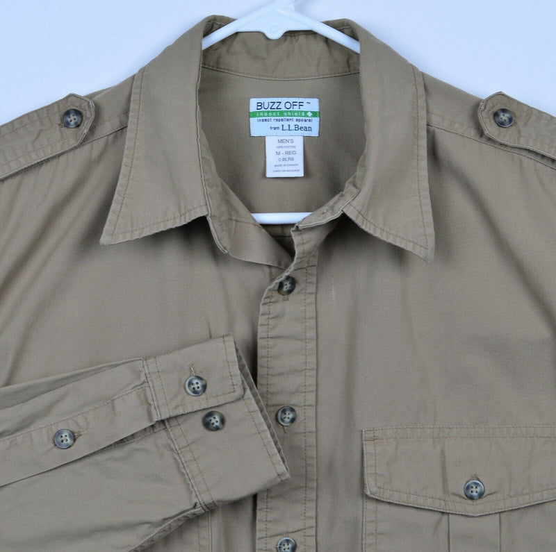 LL Bean Men's Medium Buzz Off Insect Shield Khaki Safari Button-Front Shirt