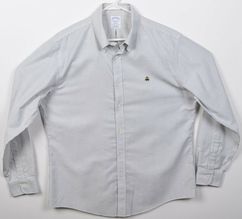 Brooks Brothers Men's Large Gray Striped Non-Iron Logo Regent Button-Down Shirt