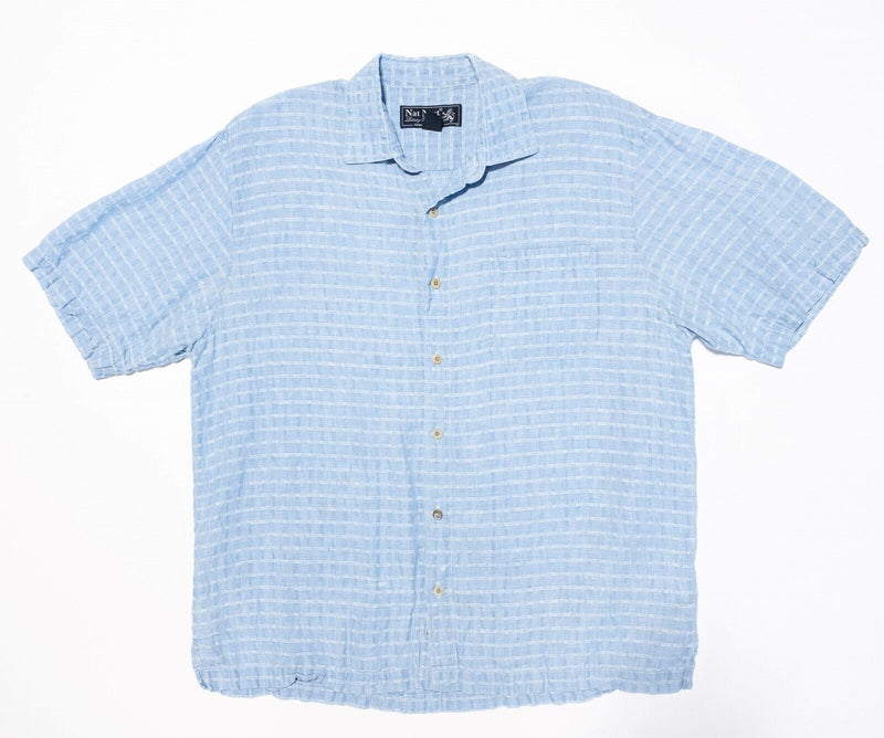 Nat Nast Linen Shirt Large Men's Blue Check Textured Hawaiian Camp Short Sleeve