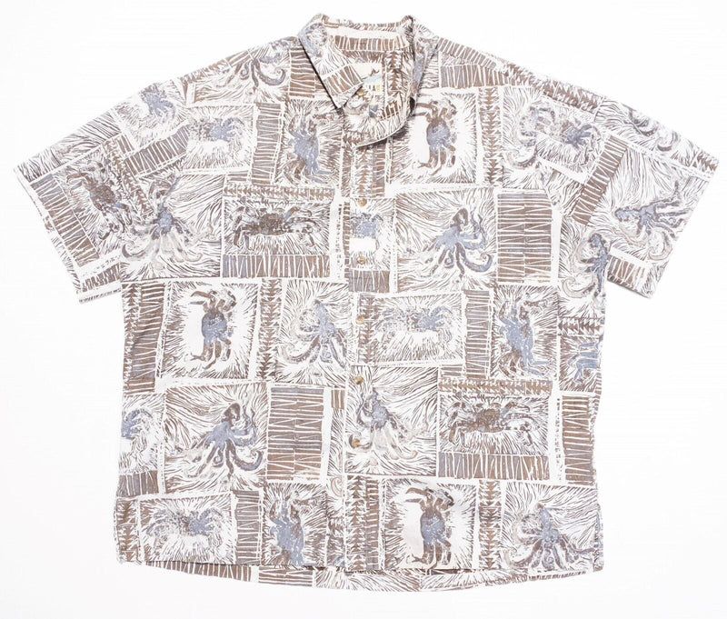 Kahala Hawaiian Shirt 2XL Men's Crab Squid Animals Geometric Aloha Brown Vintage