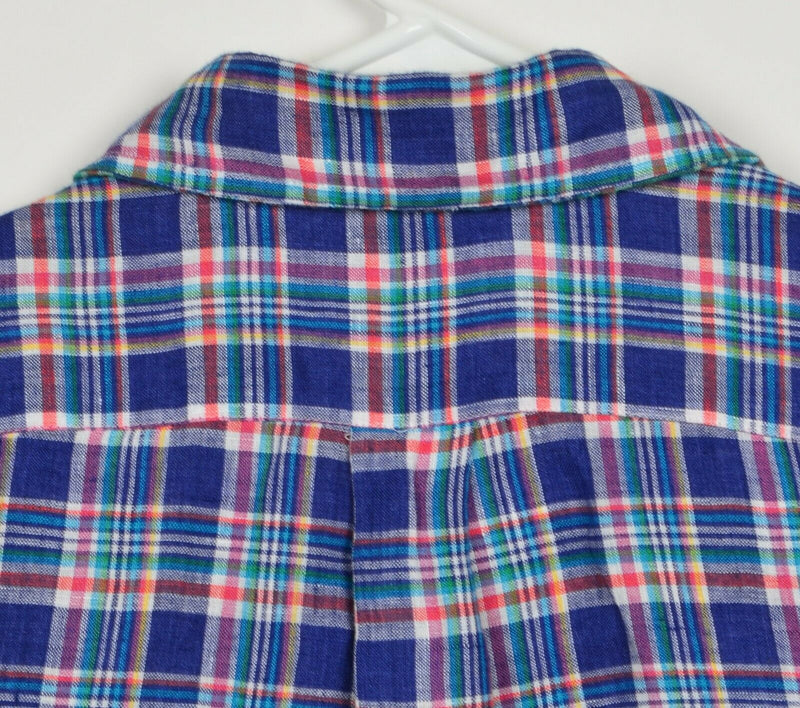 Polo Ralph Lauren Men's Sz Medium Sea Soft Linen Blue Plaid Button-Down Shirt