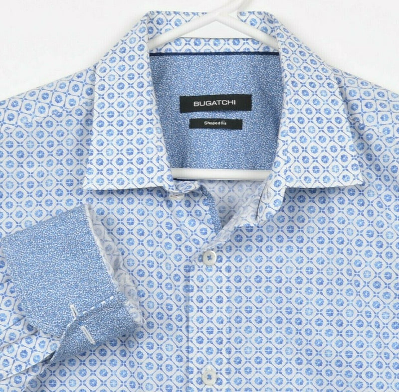 Bugatchi Men's Large Shaped Fit Flip Cuff Blue Geometric Designer Shirt