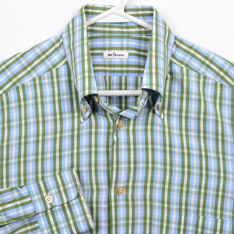 Kiton Men's 17 (XL) Blue Green Check Made in Italy Designer Button-Down Shirt