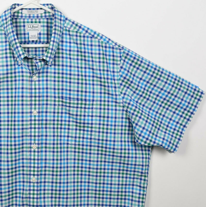 L.L Bean Men's 2XL Blue Green Check Wrinkle-Free Kennebunk S/S Button-Down Shirt
