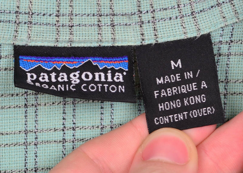 Vtg 90s Patagonia Men's Sz Medium Organic Cotton Teal Green Plaid Polo Shirt