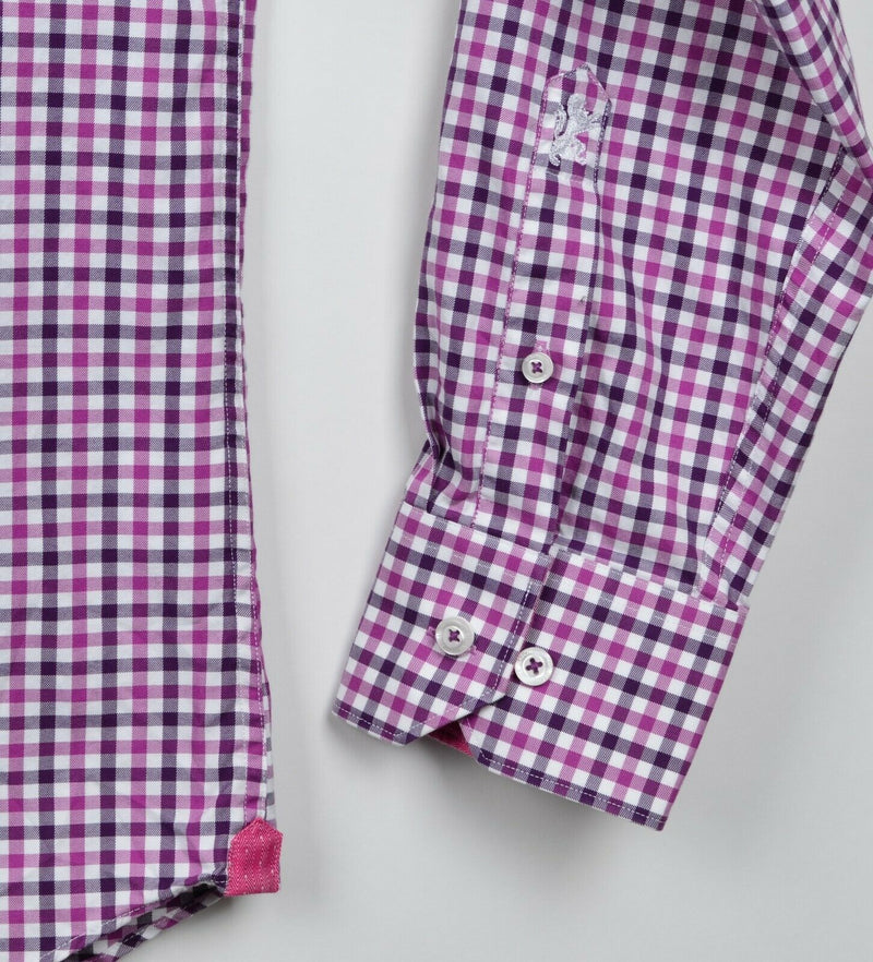 Bugatchi Uomo Men's Sz 15.5 Flip Cuff Pink Purple Plaid Check Long Sleeve Shirt