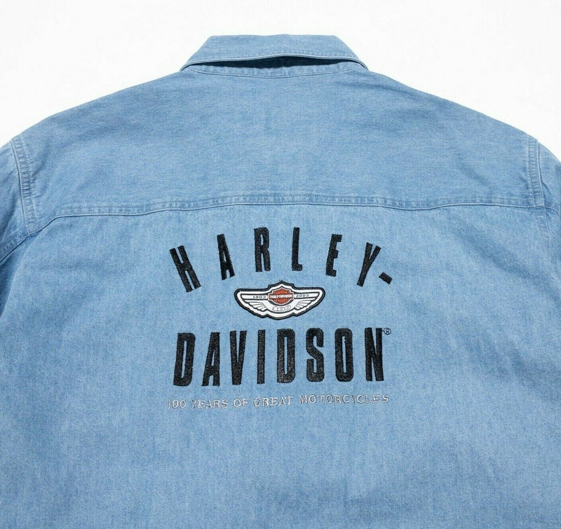 Harley-Davidson 100th Anniversary Denim Shirt Blue Button-Front Biker Women's XL