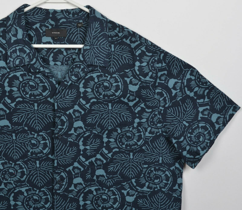 VINCE. Men's XL Floral Linen Rayon Blend Blue Button-Front Hawaiian Shirt