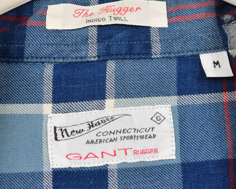 GANT Rugger Men's Medium "The Hugger" Indigo Twill Blue Plaid Button-Down Shirt