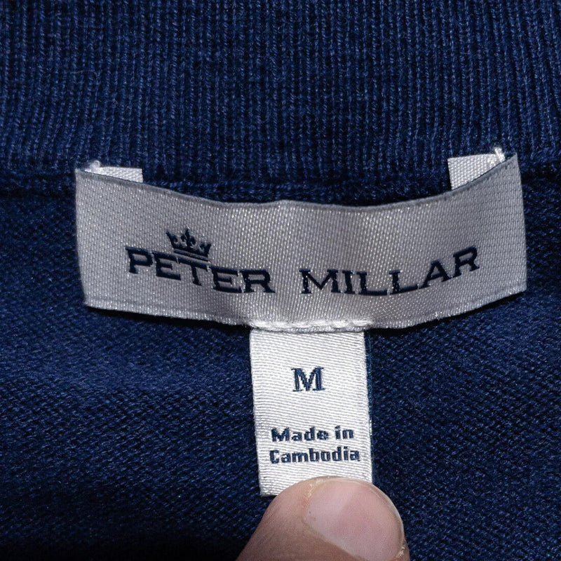 Peter Millar Sweater Men's Medium Pullover Cotton Silk 1/4 Zip Blue Knit Crest