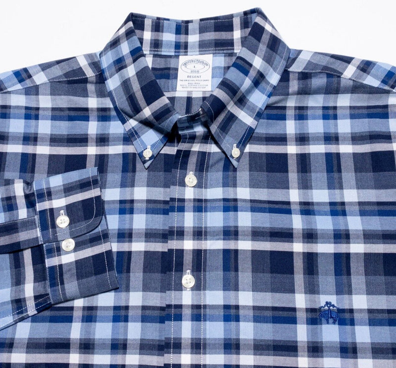 Brooks Brothers Shirt Men's Large Regent Long Sleeve Button-Down Blue Plaid Logo