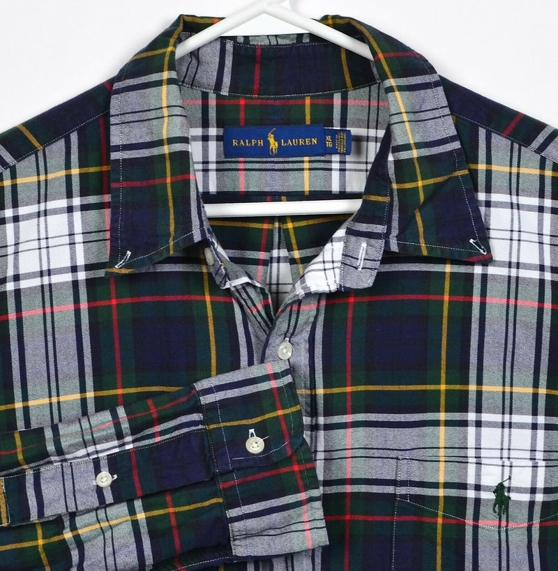 Polo Ralph Lauren Men's XL Navy Blue Green Tartan Plaid Pony Button-Down Shirt