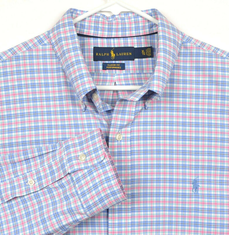 Polo Ralph Lauren Performance Men's Sz XL Polyester Nylon Pink Blue Plaid Shirt