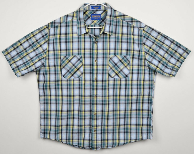 Pendleton Men's Sz XL "Wave Shirt" Turquoise Yellow Plaid Short Sleeve Shirt