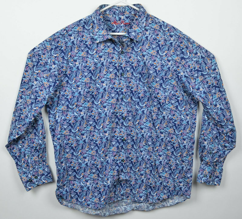 Alan Flusser Men's 2XL Floral Paisley Navy Blue Colorful Button-Front Shirt